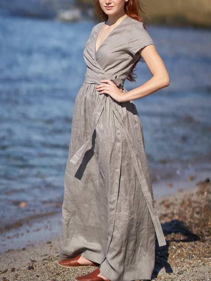 Women's Solid Color V-Neck Lace-Up Short Sleeve Linen Maxi Dress  edfd