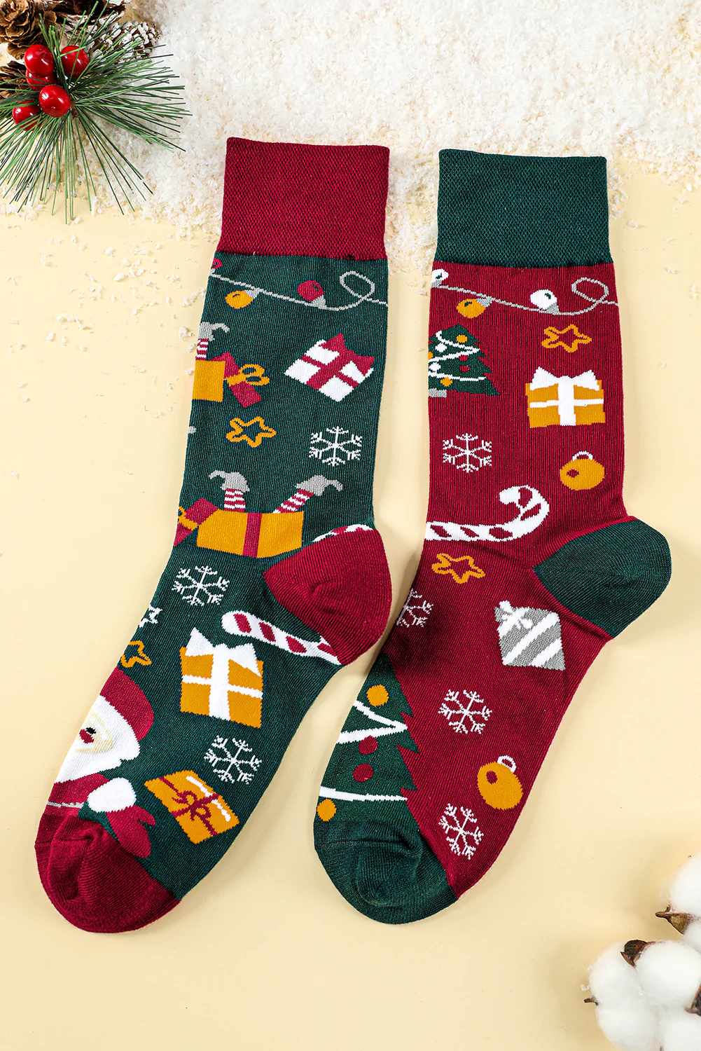 Racing Red Christmas Cartoon Pattern Color Block Tube Socks