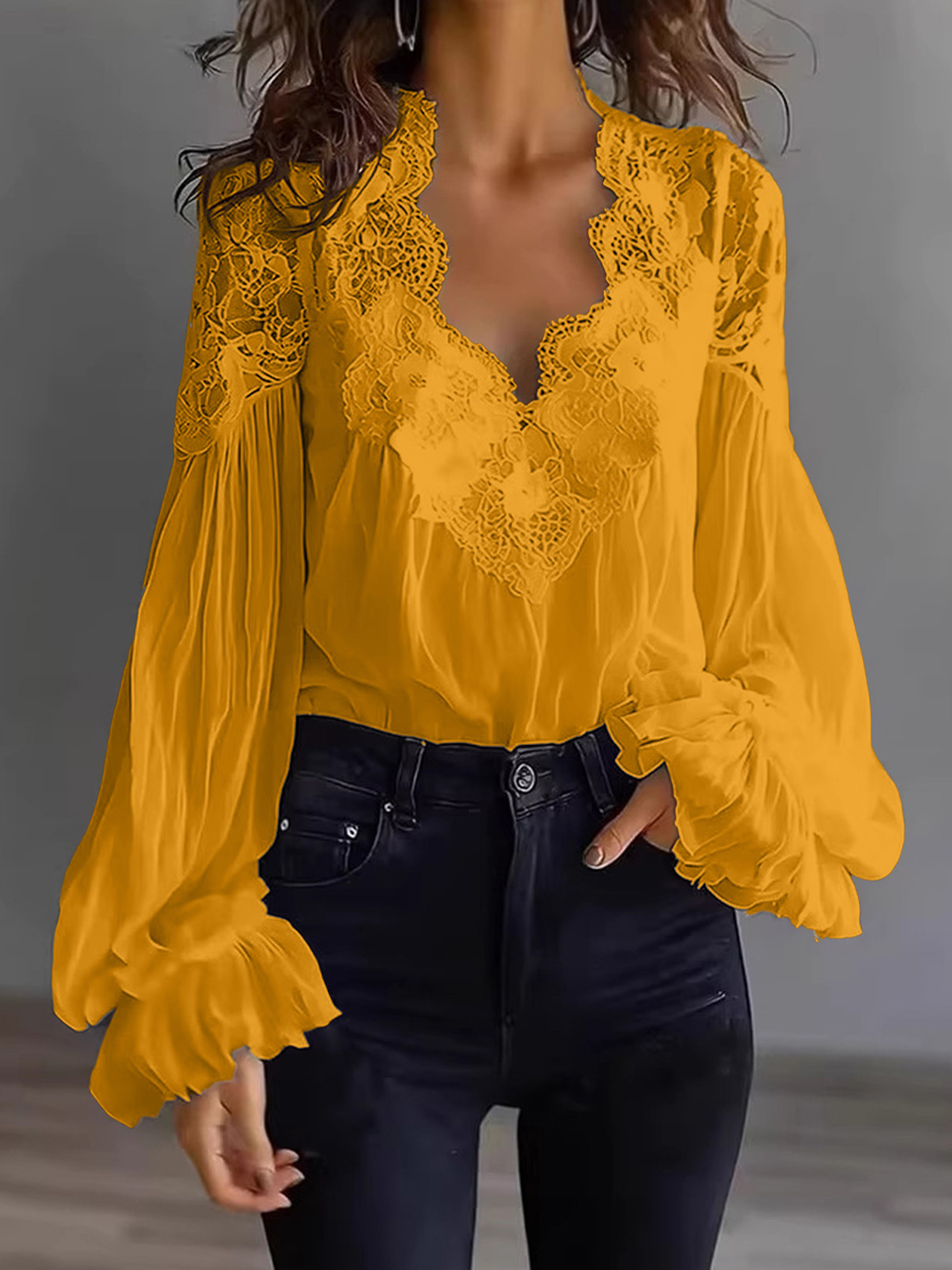 Women's Lace Patchwork Puff Sleeve Shirt