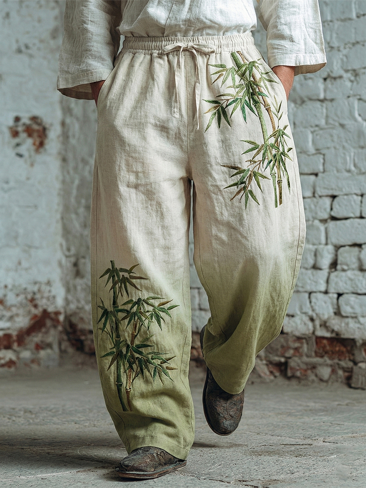 Men's Japanese Bamboo Art Pattern Linen Blend Casual Pants