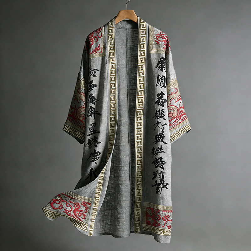 Men's Japanese Dragon Pattern Calligraphy And Painting Art Linen Long Kimono