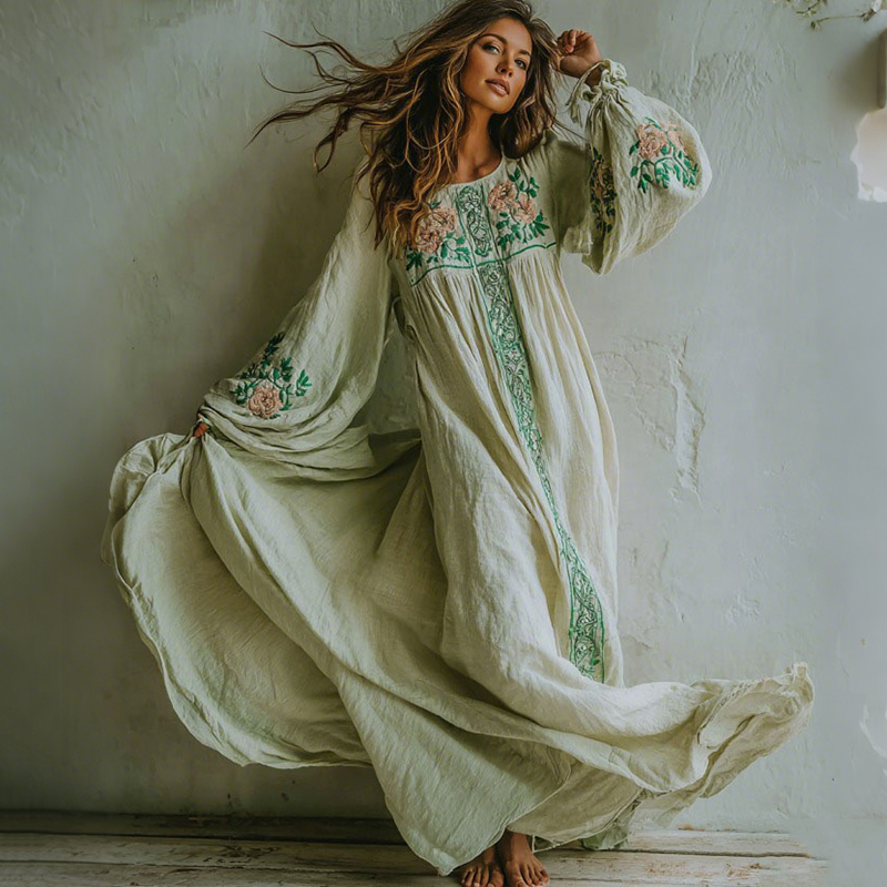 Women's Floral Printed Art V-neck Long Sleeve Maxi Dress