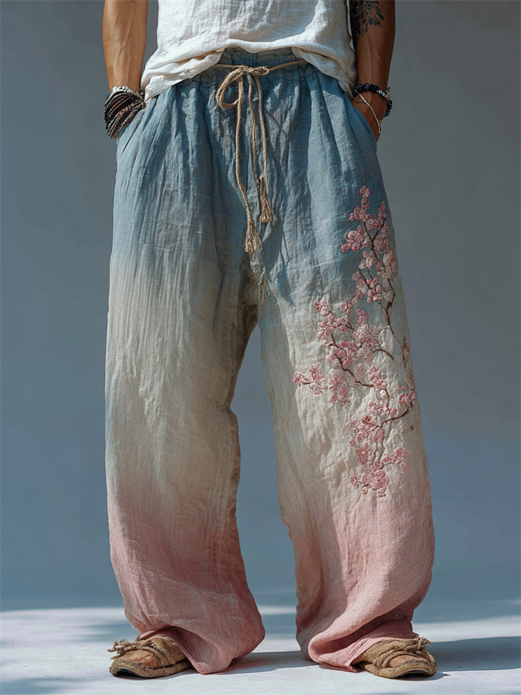 Men's Vintage Japanese Cherry Blossom Gradient Linen Pants