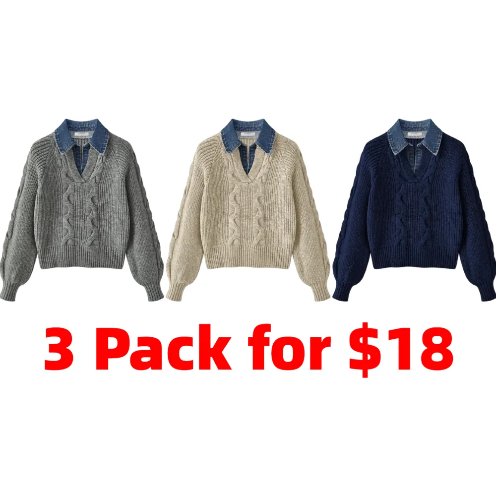 Denim Panel Ribbed Lapel Sweater