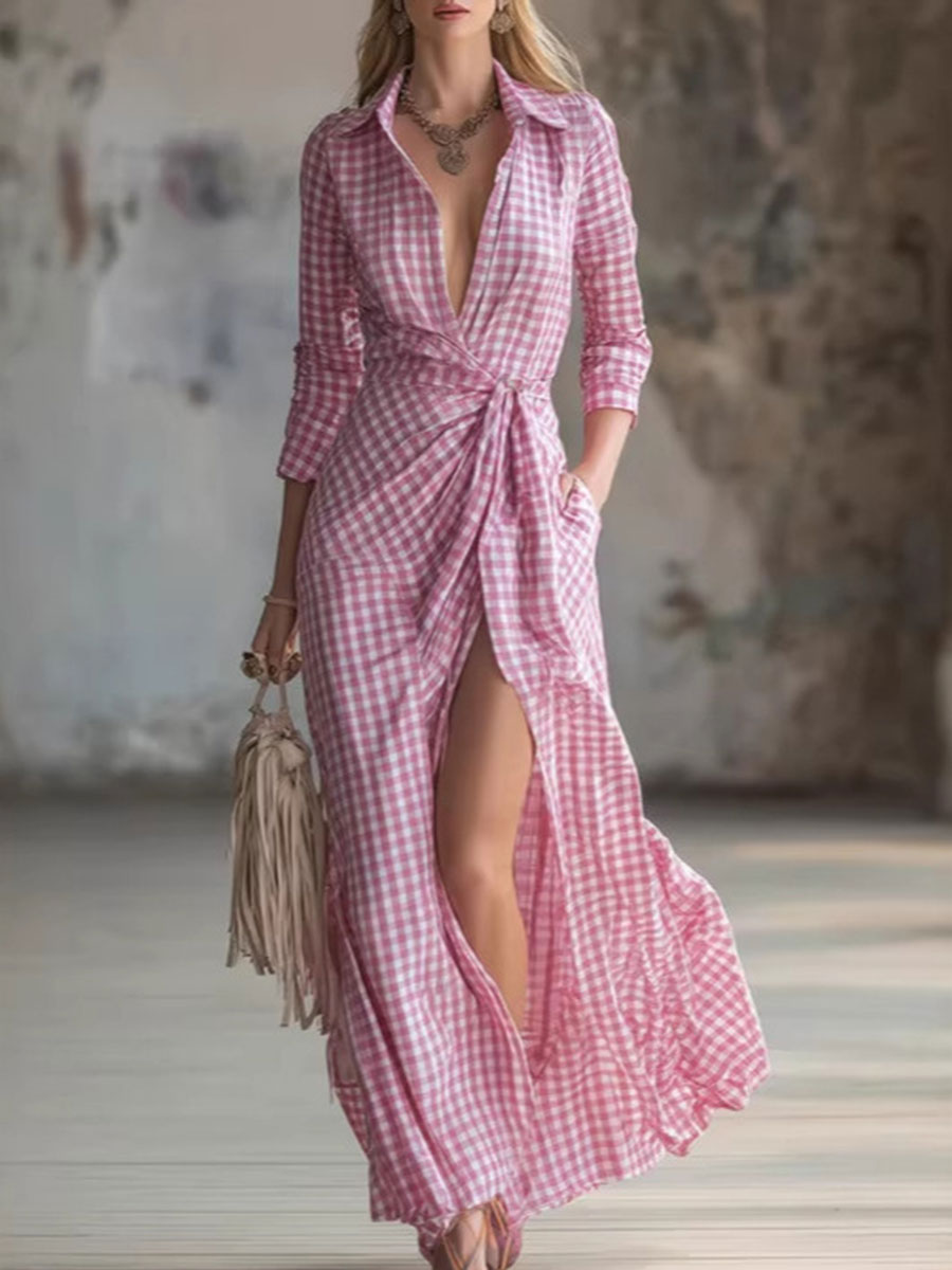 Women's Small Check Multi-color Linen-cotton Blend Long Dress