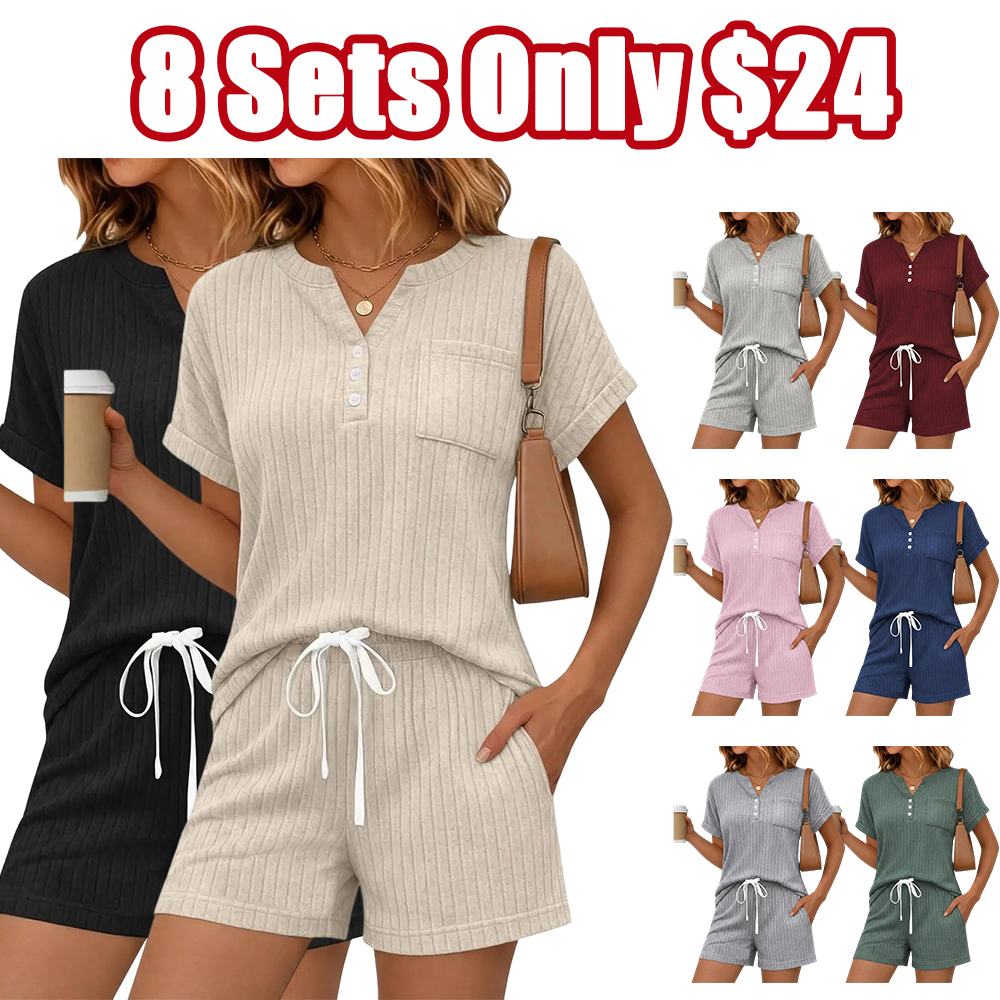 2 Piece Short Sets for Women Summer 2026 Lounge Short Sleeve Henley Outfits Sweatsuit with Pocket