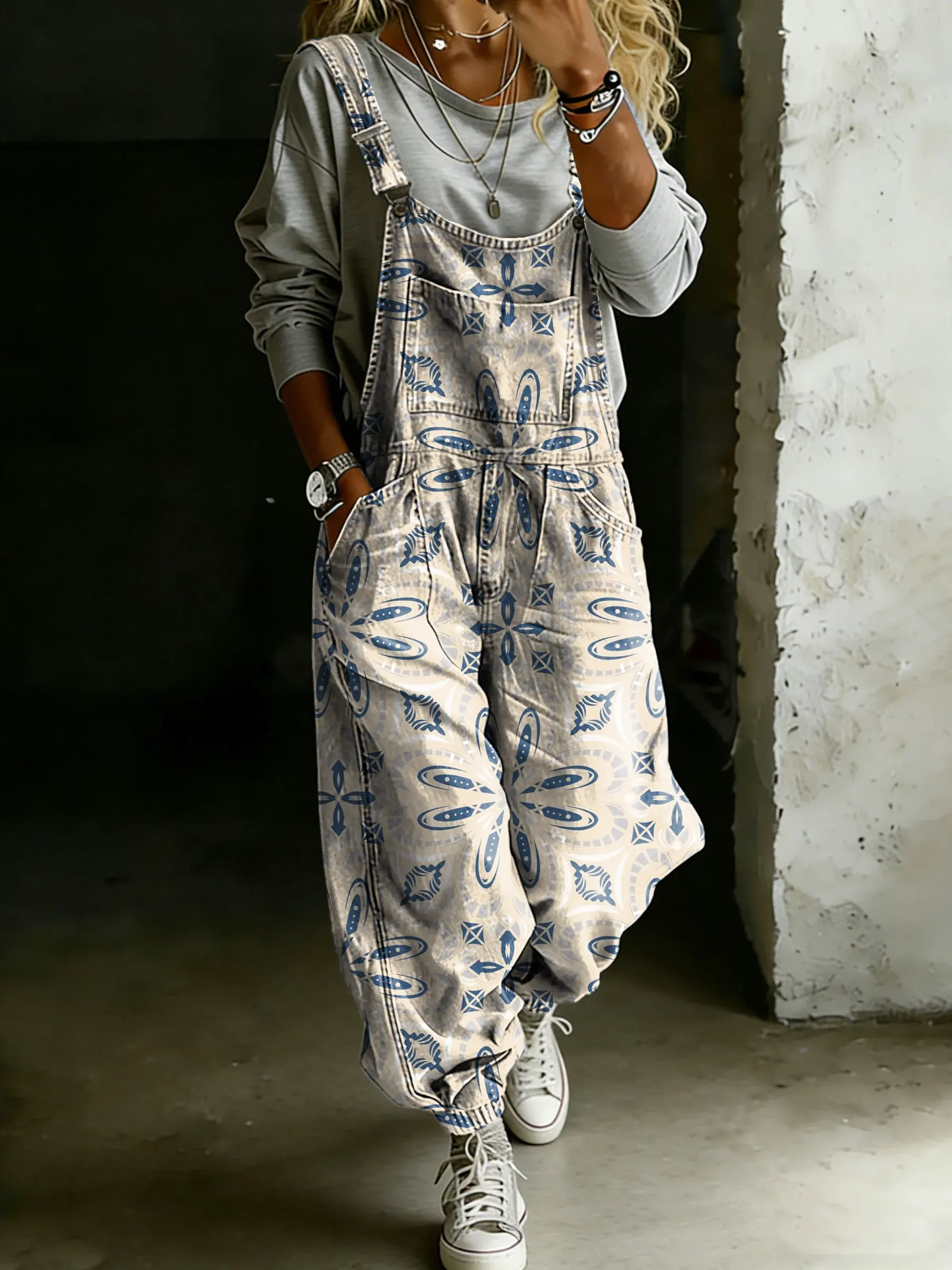 Women’s Vintage Ethnic Floral Art Print Casual One Piece Denim Jumpsuit