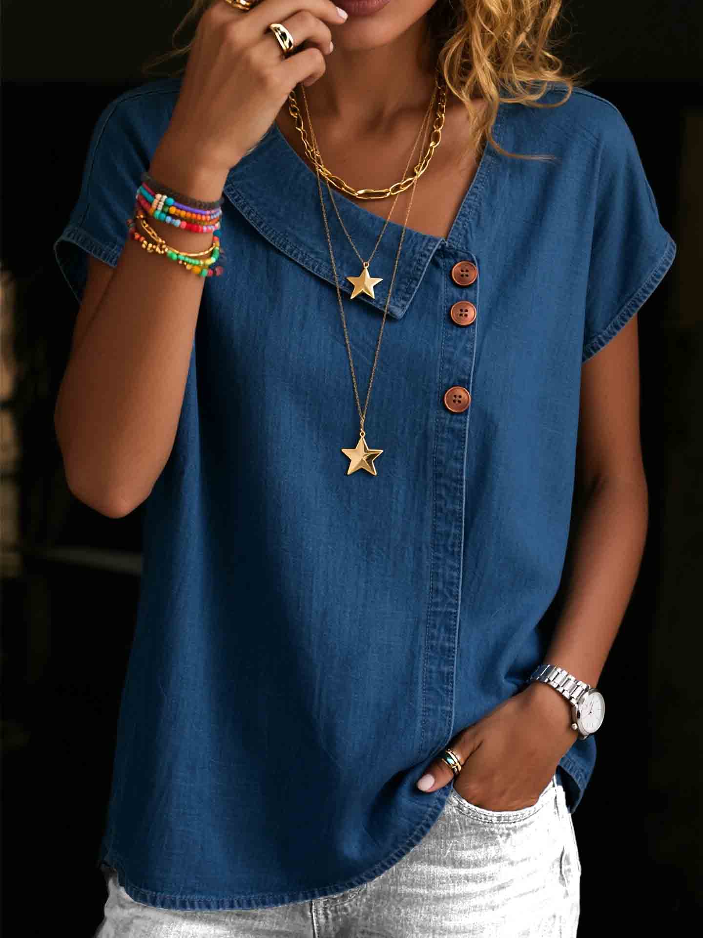 Women's Asymmetrical Neckline Button-up Denim Top