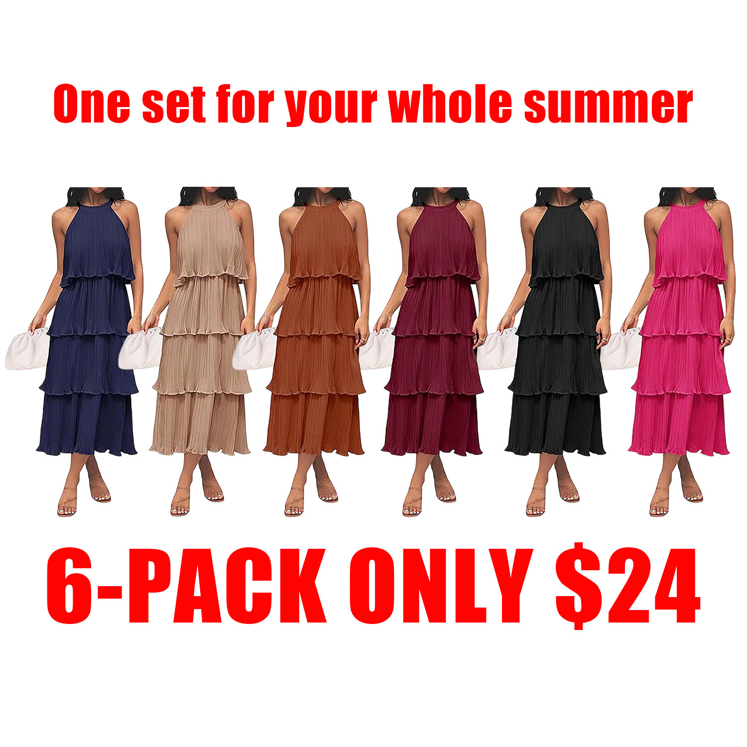 ✨Women's 2026 Summer Sleeveless Halter Neck Ruffle Tiered Layed Chiffon Flowy Swing Long Midi Dress