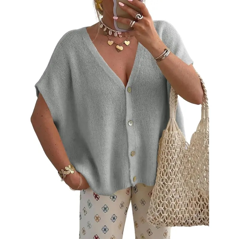 Womens Fall Oversized Cardigans Batwing Short Sleeve Lightweight Button V Neck Casual Knit Sweater Tops