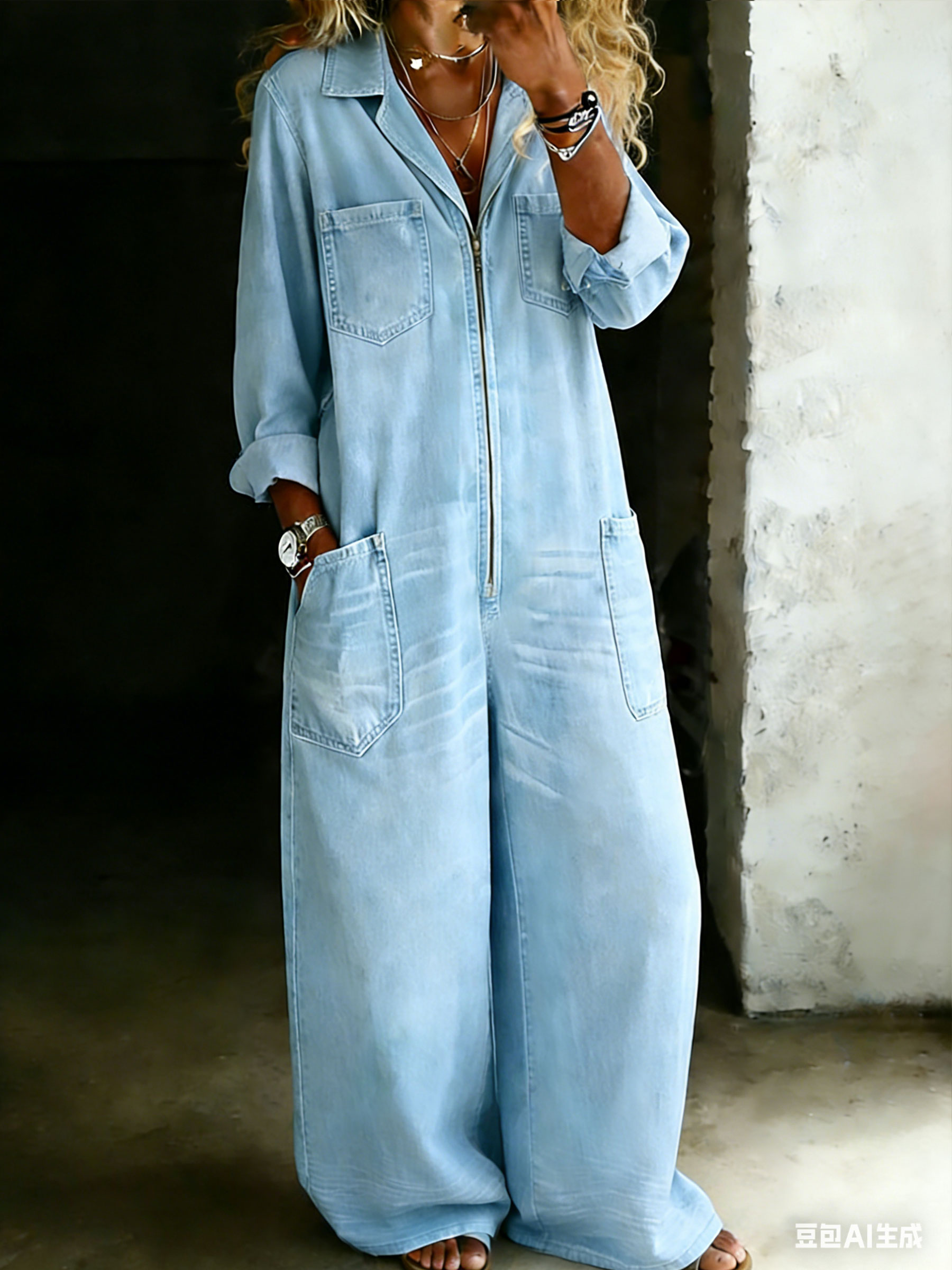 Women’s Cotton One Piece Denim Zip Jumpsuit