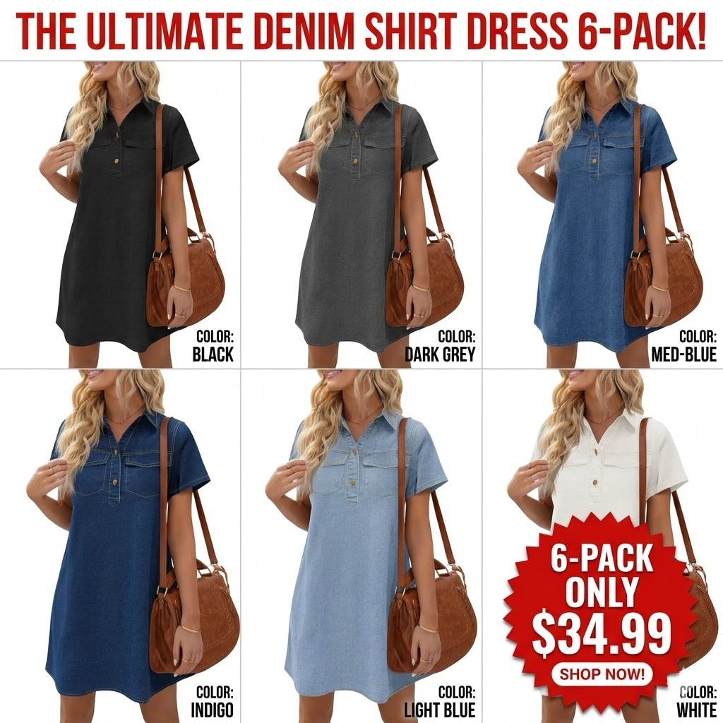 Women's Short Sleeve Denim Dress Button Down Collared Loose Fit Summer Casual Jean Shirt Mini Dresses