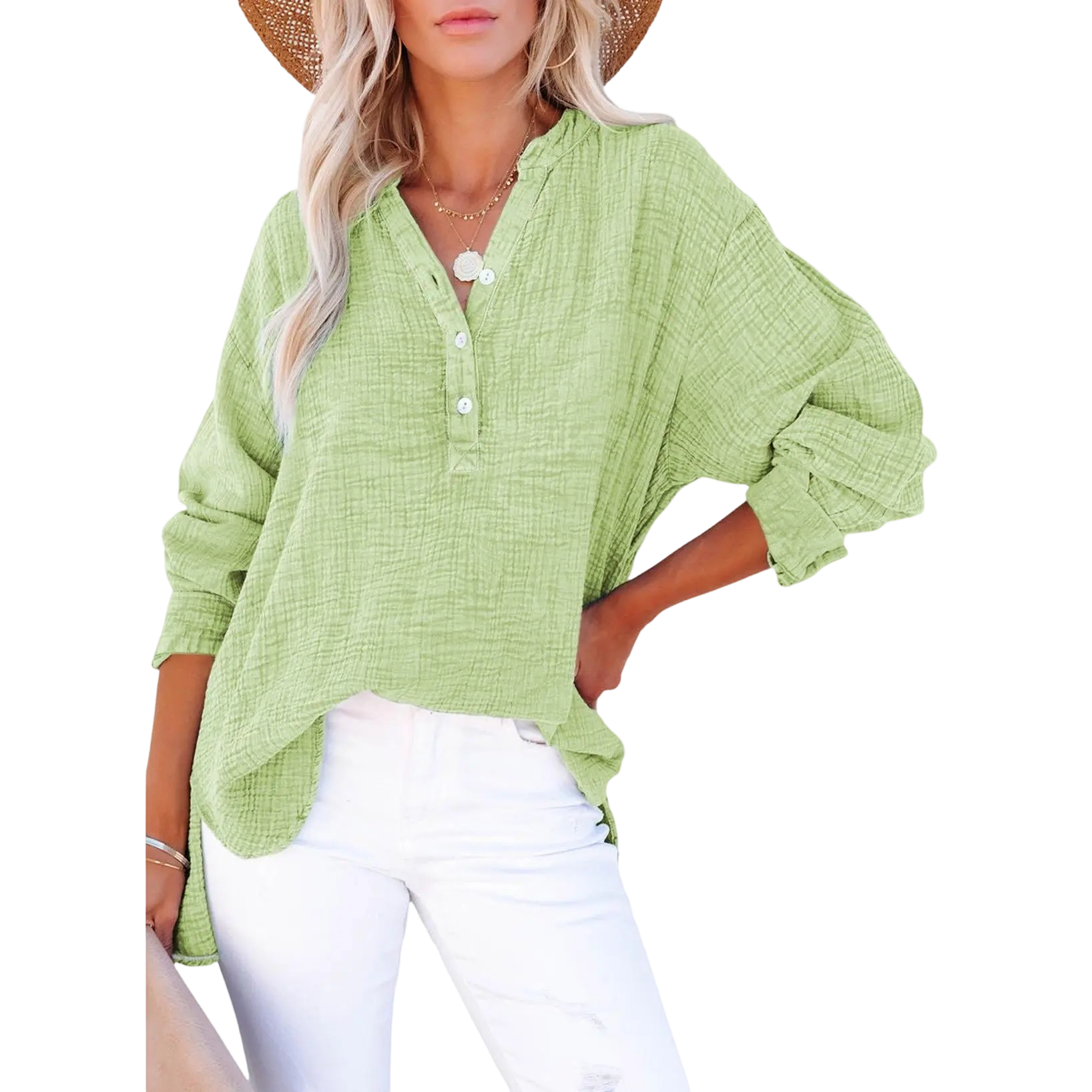 Women's Casual Button V Neck Long Sleeve Shirts Oversized Solid Blouses Tops 100% Cotton Boyfriend Style Loose Fit