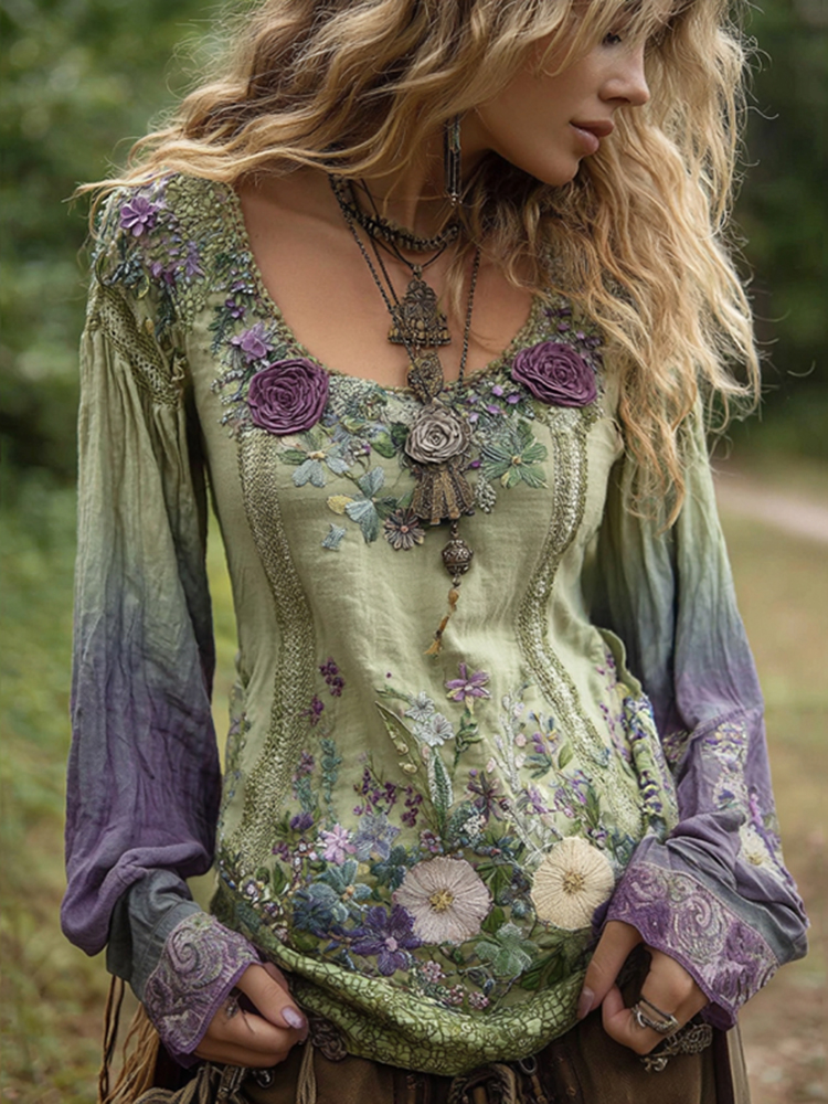 Classy Gradient Purple Lavender And Floral Embroidered Linen Long Sleeve Shirt