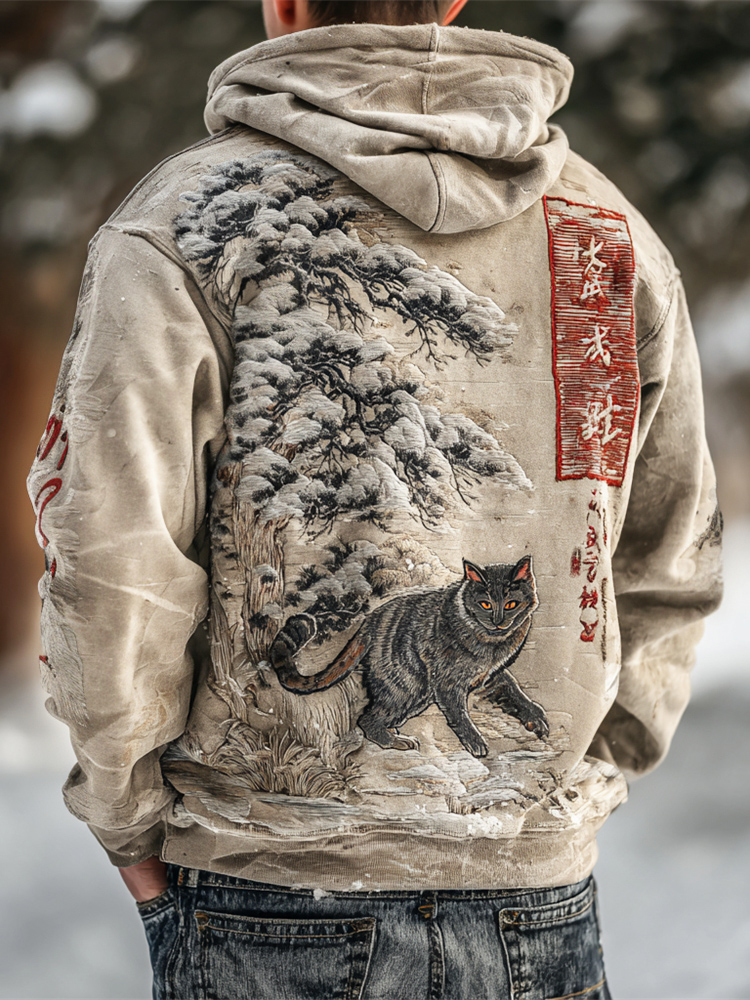 Japanese Cat & Snow Figure Embroidery Men's Hooded Sweatshirt