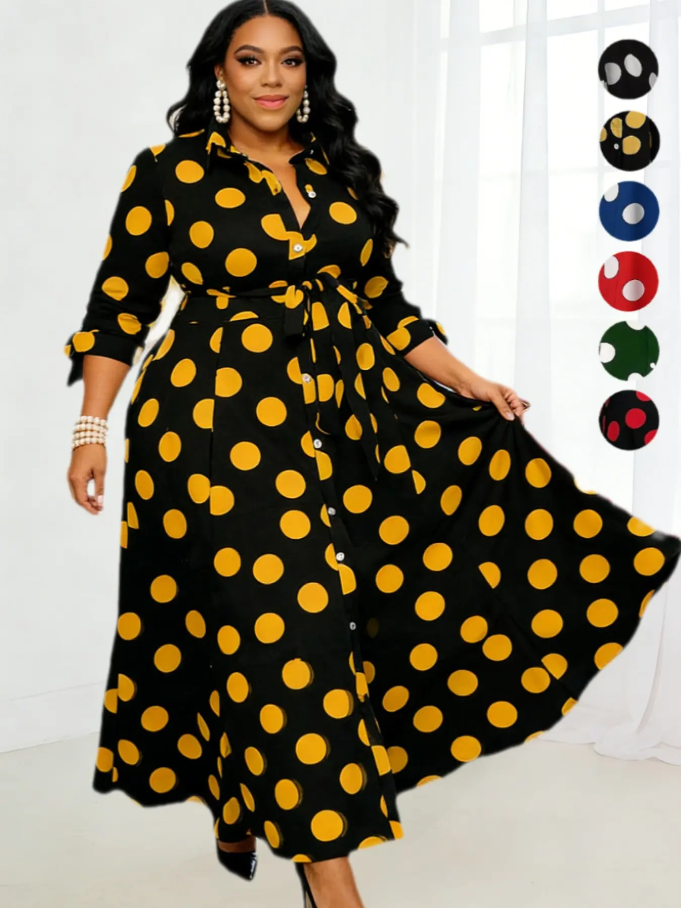 Plus Size Polka Dot Print Belted Button Front Shirt Dress