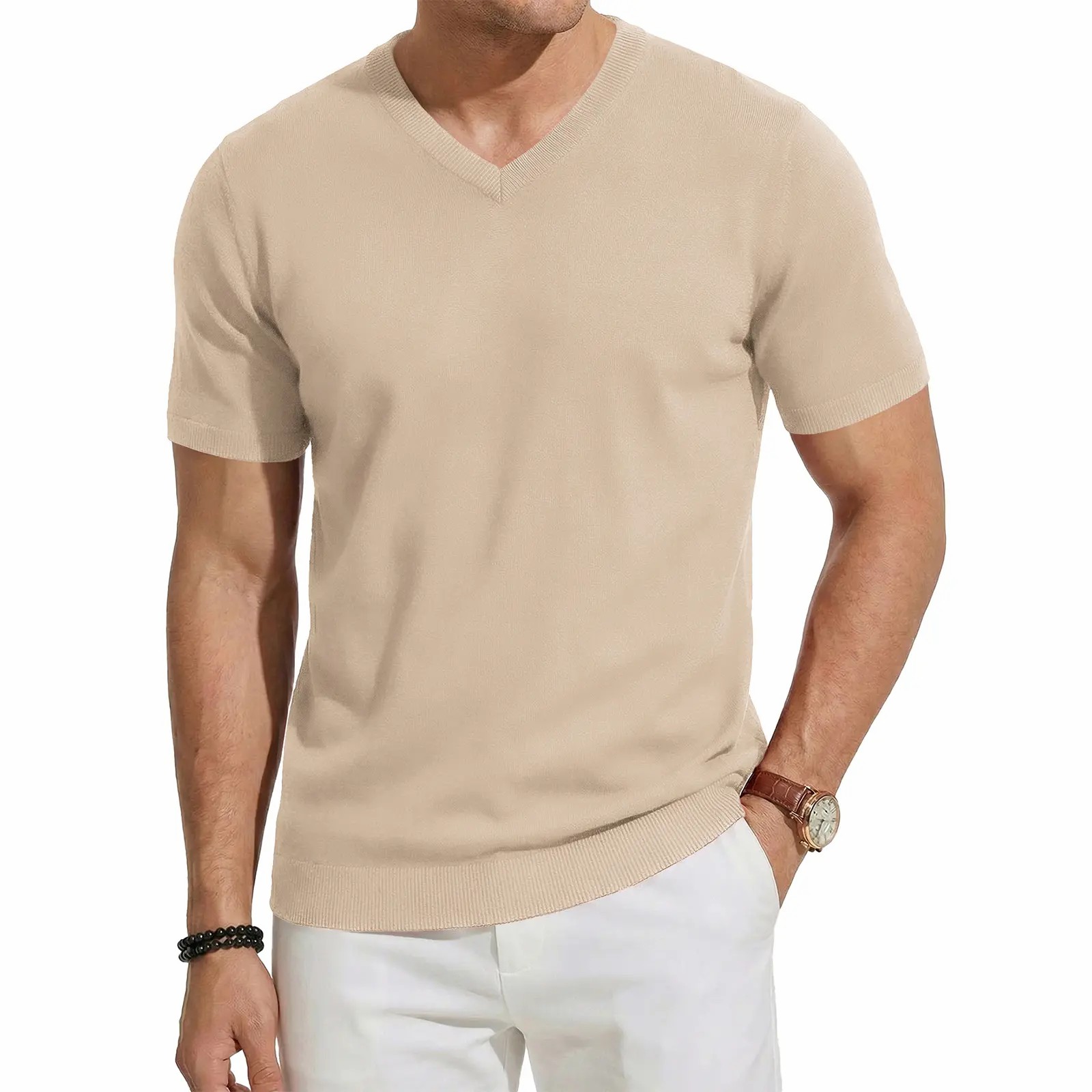 Men's Wool Blend Short Sleeve V-Neck Sweater Soft Textured Knit Pullover for Business Casual Wear