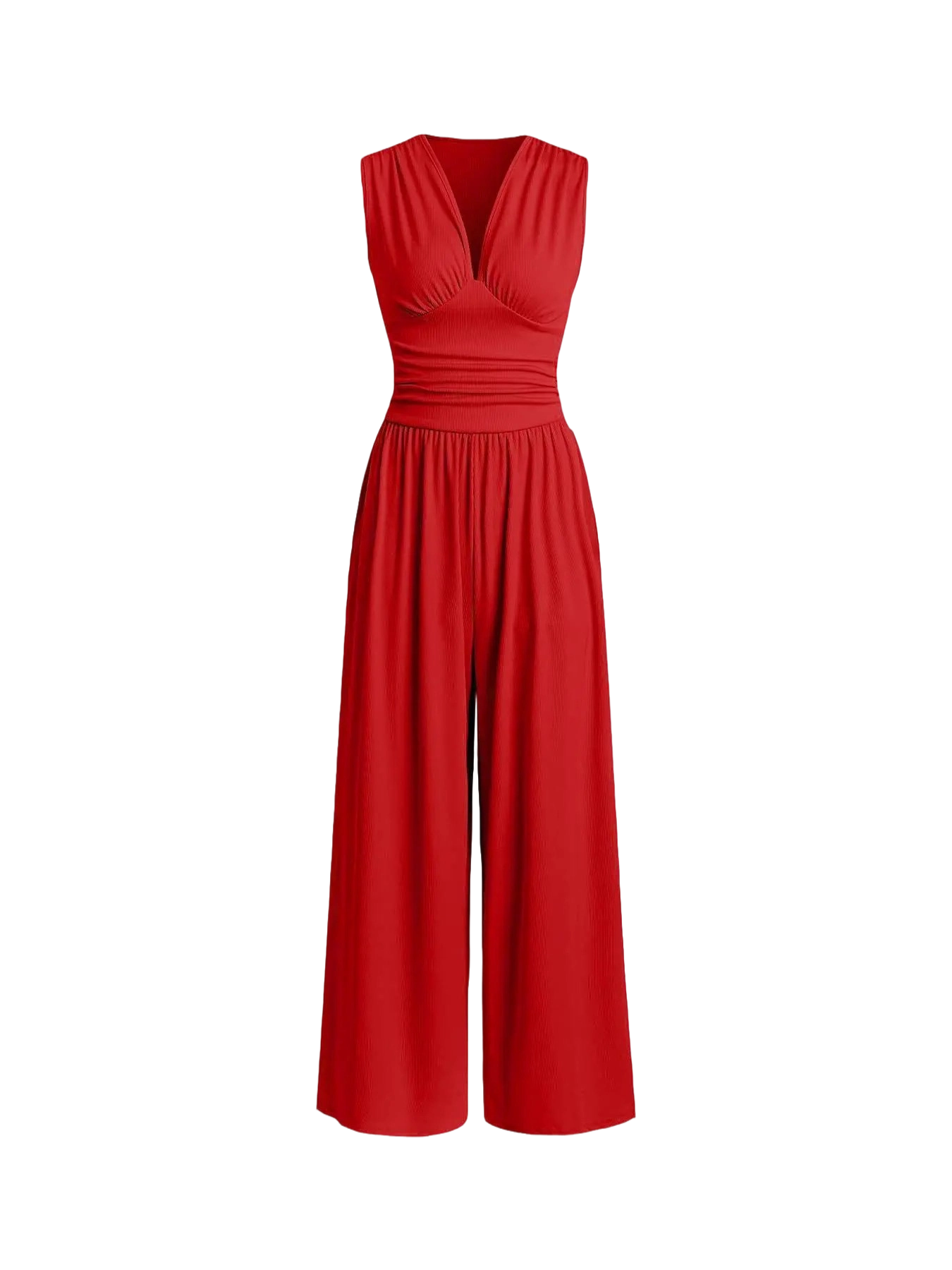 Women's Plain Ruched Deep V Neck Ribbed Fitted Jumpsuit, Elegant Sleeveless Wide Leg Jumpsuit for Summer