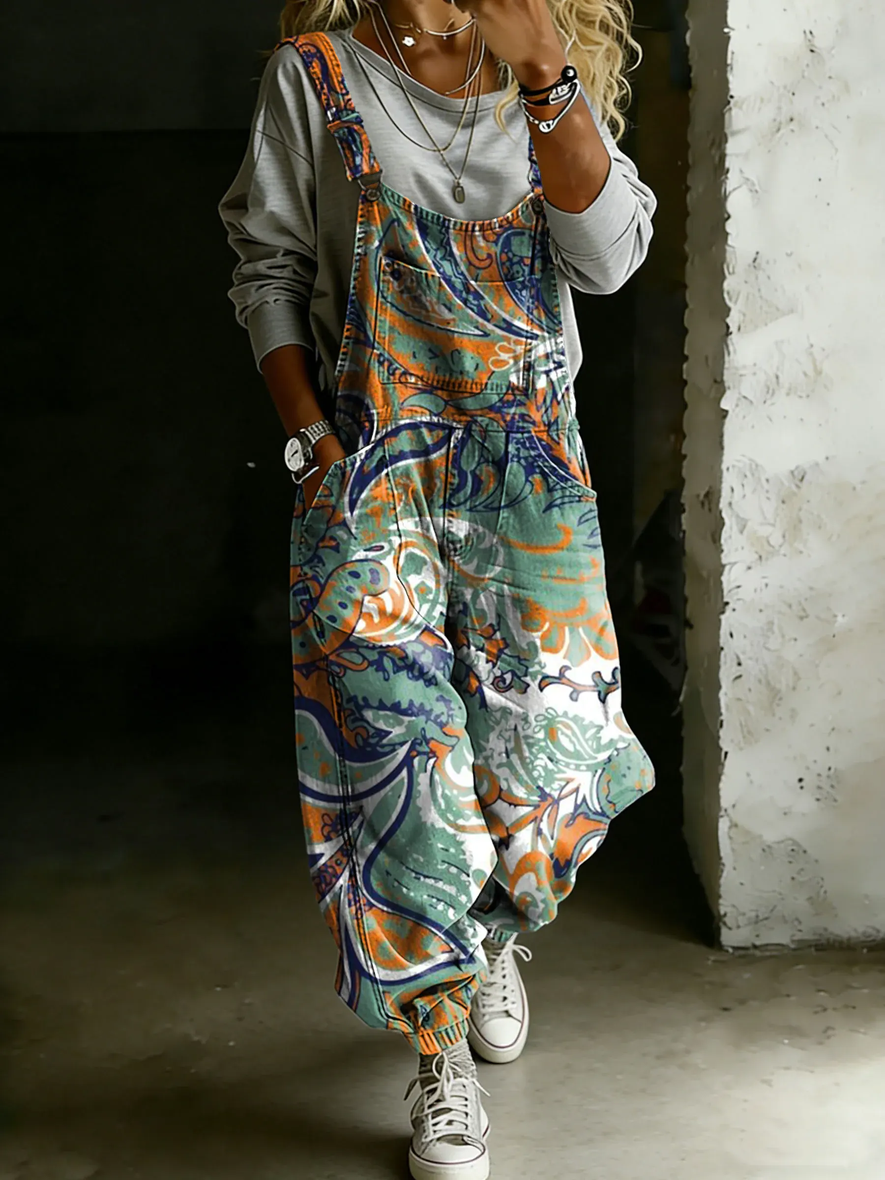 Women’s Vintage Ethnic Floral Art Print Casual One Piece Denim Jumpsuit