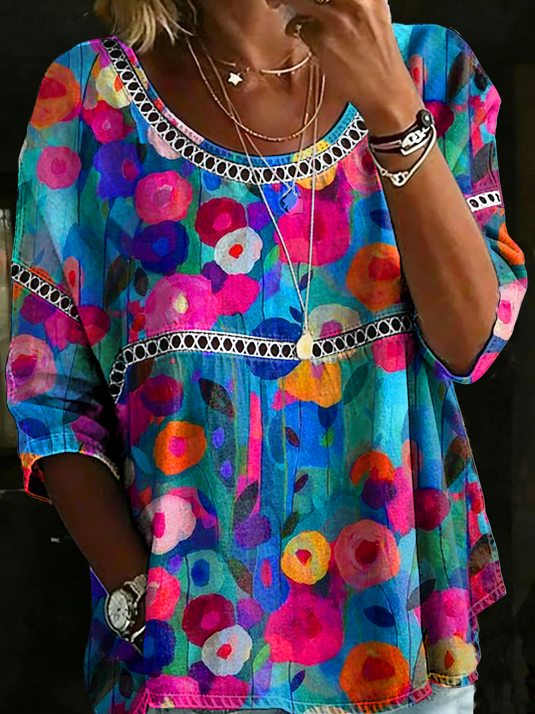 Women's Vintage Flower Casual Loose Denim Blouse Shirt