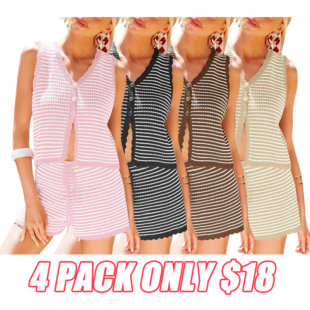 Women's Striped 2 Piece Lounge Set - Knit Vest & Shorts Y2K Casual Summer Matching Outfit