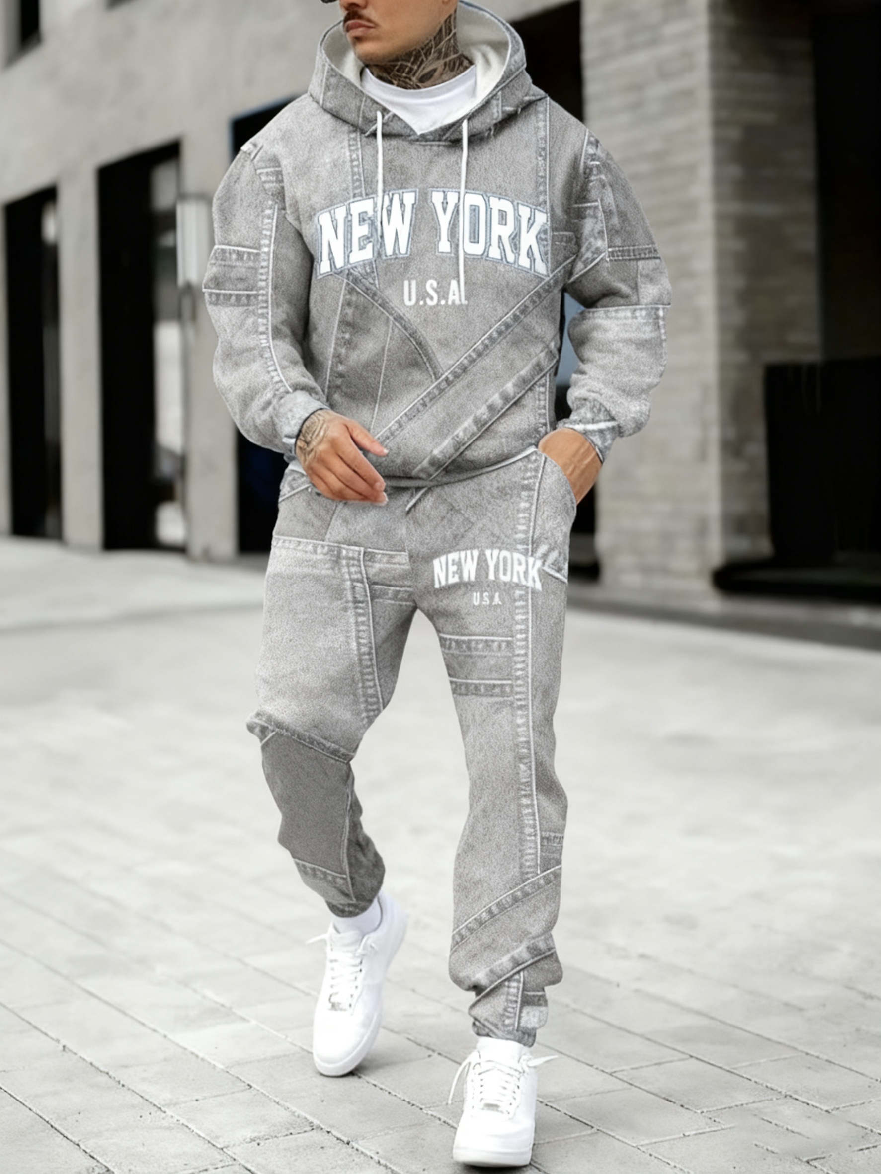 Men's Fall Winter Hooded Sweatshirt and Pants Set with 3D Denim Look