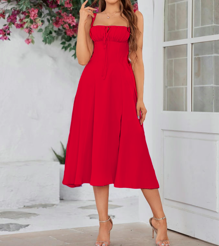 Plus Size Women's Elegant Lace Up Midi Dress – Square Neck, Tie Front