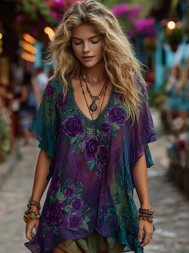 Women's Vintage Flower Embroidery Gradient Print Linen T-shirt