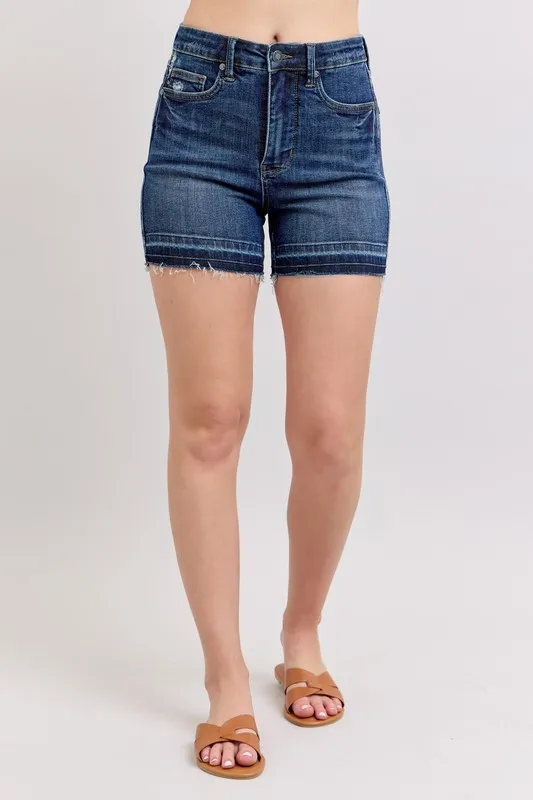 Blue High Waist Tummy Control Destroy Release Hem Denim Shorts