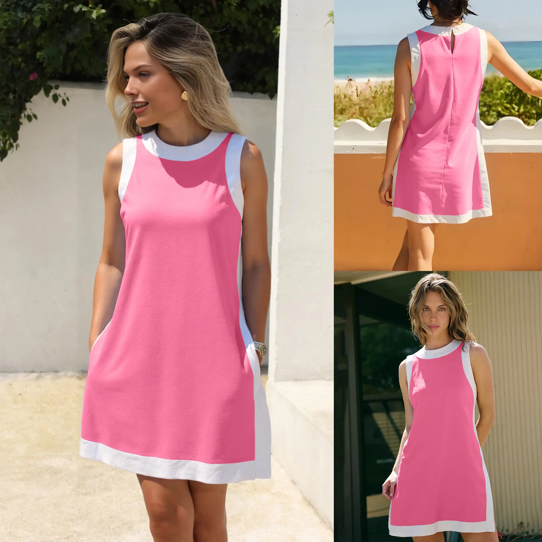 Women's Casual Two Piece Sets Color Block Crewneck Sleeveless Pullover Tops Matching Shorts With Pockets