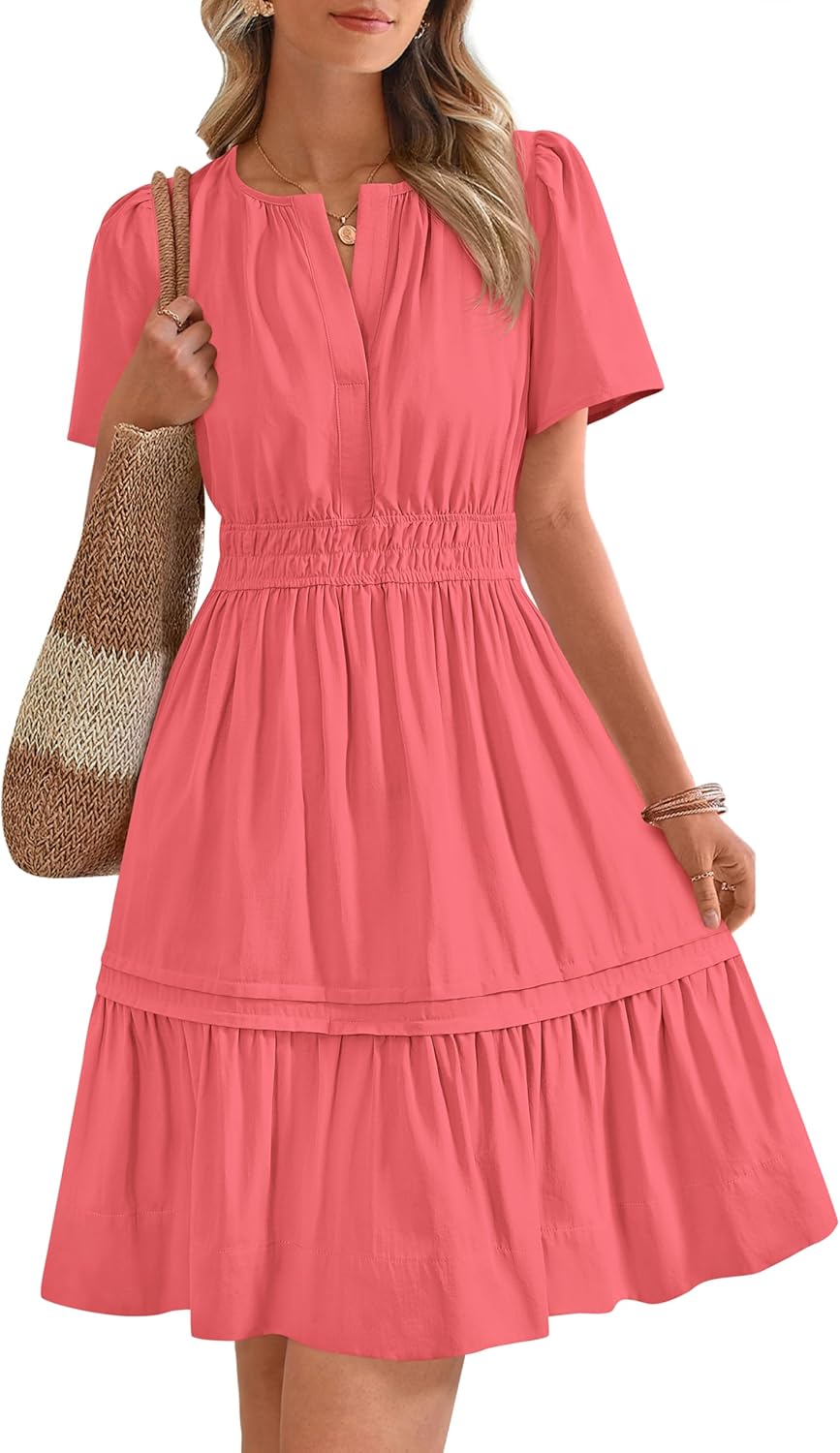 Women's Casual Dresses 2025 Summer Spring V Neck Short Sleeve Sundress Smocked Waist A Line Tiered Mini Dress