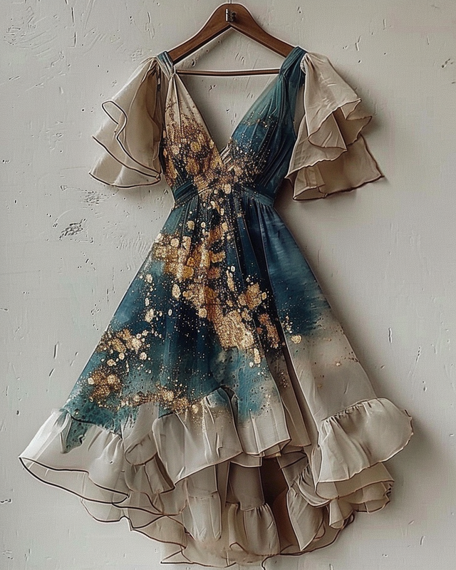 Summer vacation handmade gilded chiffon dress  95e9