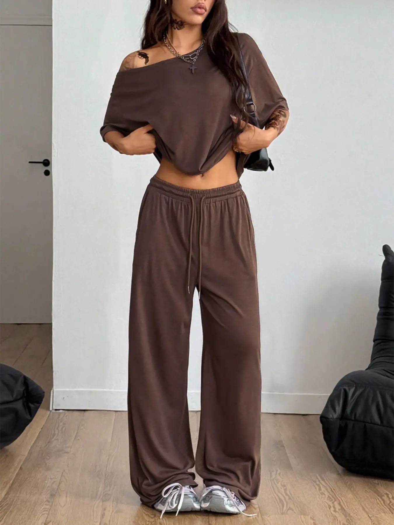 Women's Minimalist Basic Daily Wear Going Out Sport Comfortable Off Shoulder T-Shirt And Wide Leg Pants Two Pieces Outfits