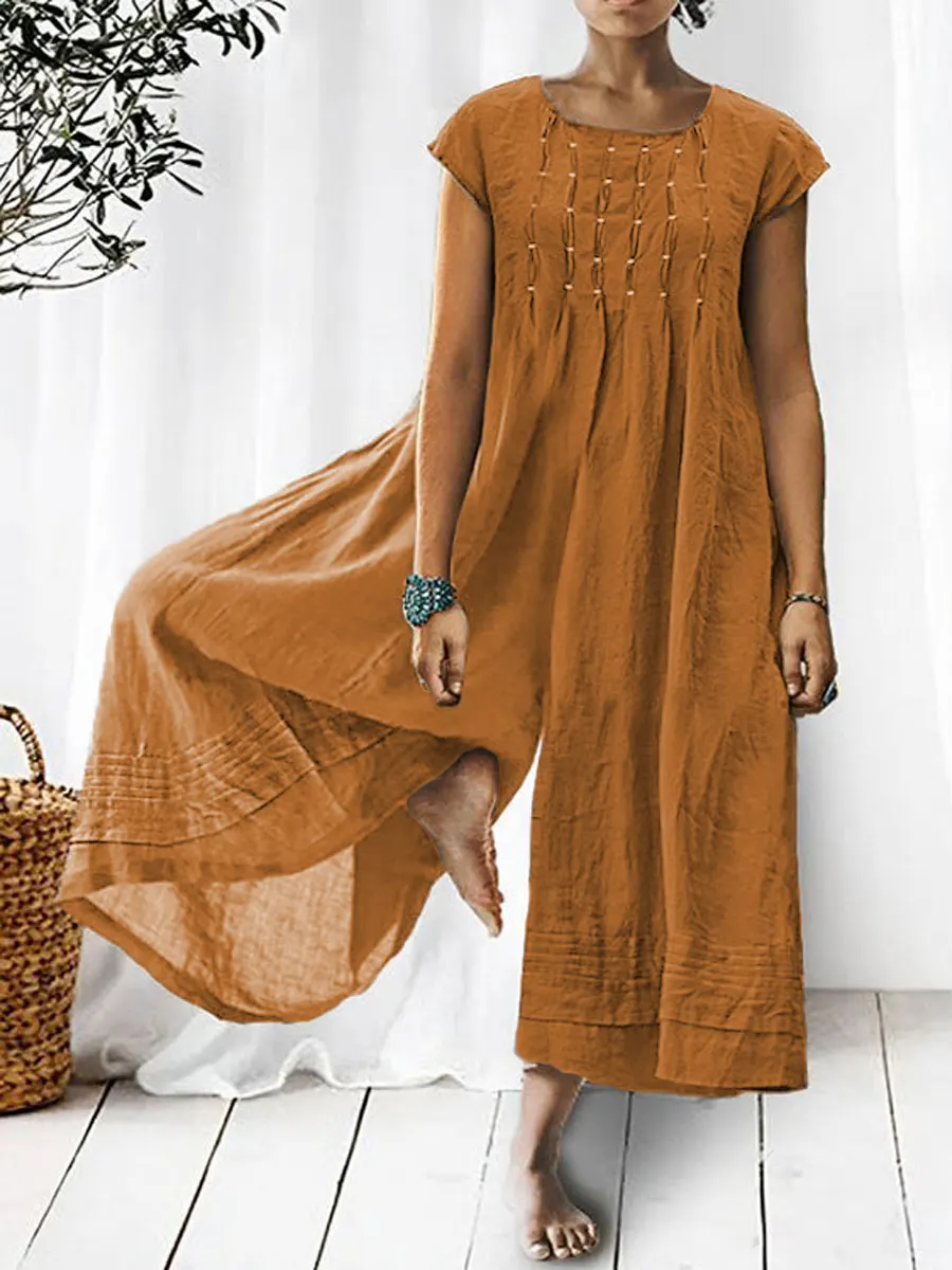 Women's Solid Color Art Casual Short Sleeve Cotton Linen Jumpsuit