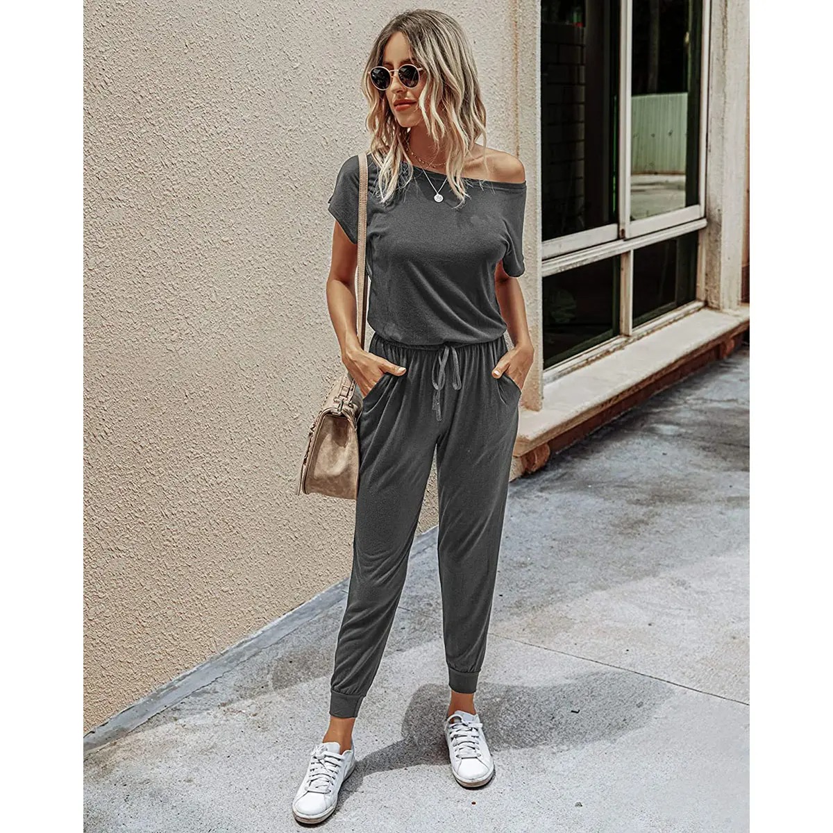 Off-Shoulder Jumpsuit for Women - Casual Loose Fit Romper