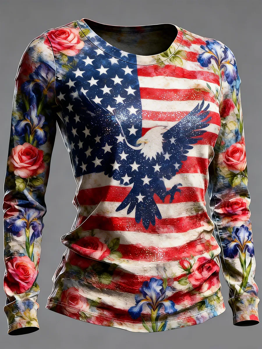 Women's Patriotic Vintage Eagle & American Flag Floral Glitter Long Sleeve T-Shirt