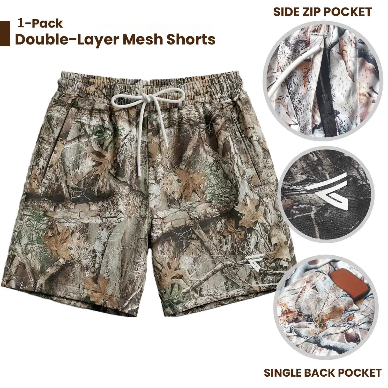 Pack 3 Men’s Hunting Camo Double-Layer Shorts – Breathable Gym/Running Shorts with Zip Side Pockets