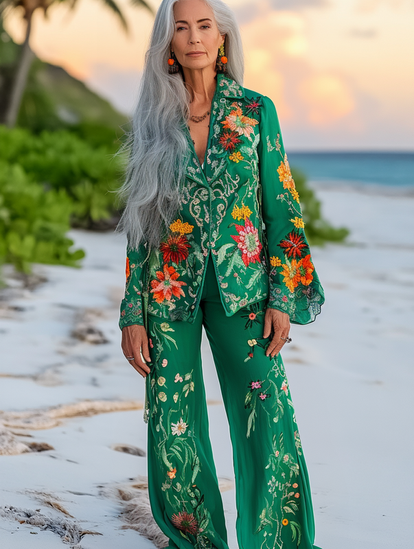Vacation seaside elegant embroidery top + pant two piece set f7f4