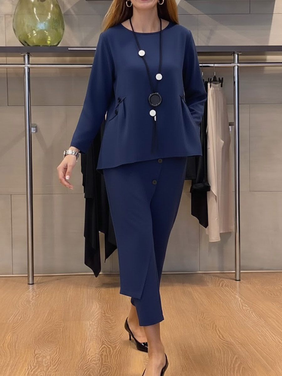 Women's Solid Color Round Neck Long Sleeve Casual Loose Top And High Waist Casual Loose Wide Leg Pants Cotton Set