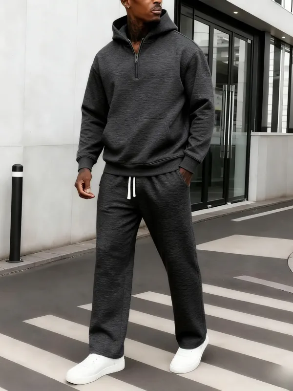 Men's Plain Two-piece Sweatsuit Set, Basic Regular Fit Casual Drop Shoulder Half Zip Hoodie & Pocket Drawstring Sweatpants