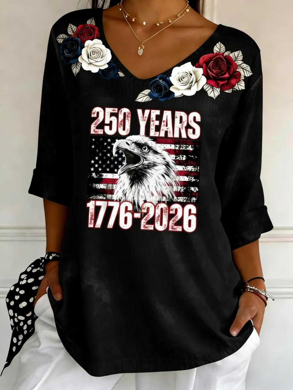 250 Years 1776-2026 Eagle Rose V-Neck Top