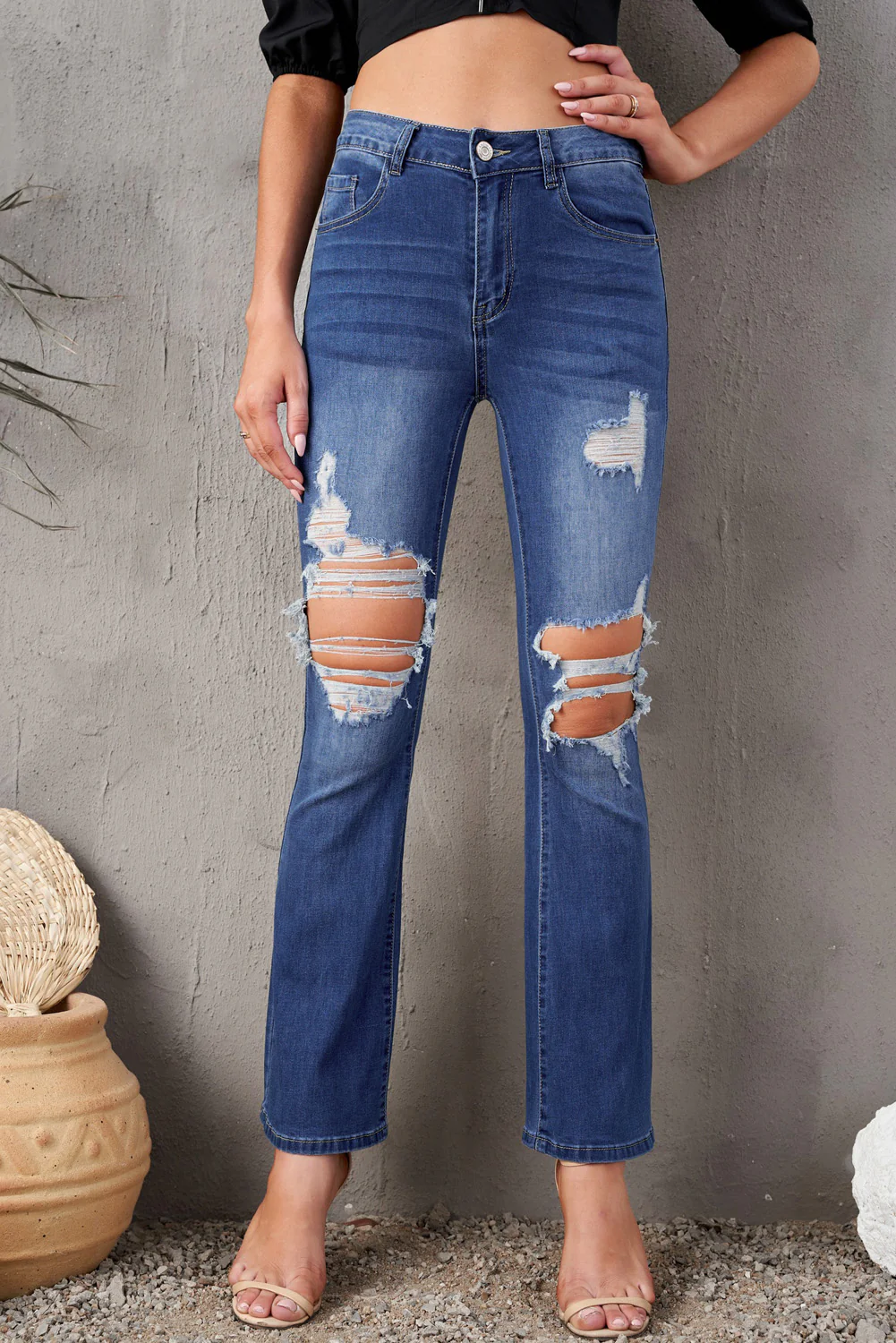Mid Waist Distressed Flared Jeans