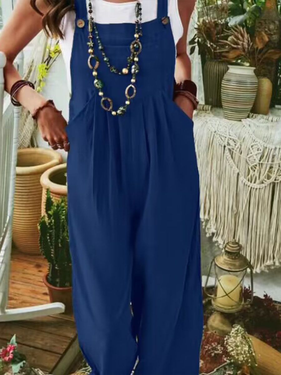 Women's Solid Color Sleeveless Pocket Casual Linen Cotton Bib Wide Leg Jumpsuit
