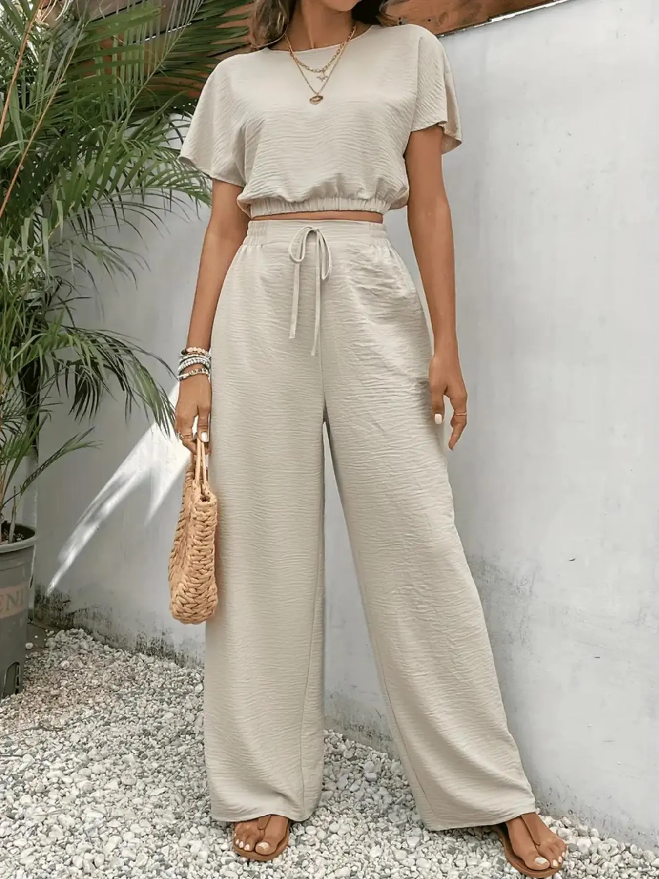 Women's Solid Color Fitted Top & Wide Leg Pants Two-piece Set