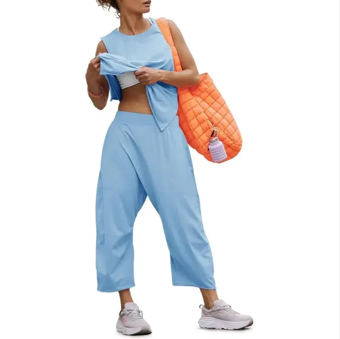 Fisace Women's Summer 2-Piece Outfit – Sleeveless Tank Top & Wide Leg Pocketed Pants Workout Sweat Set