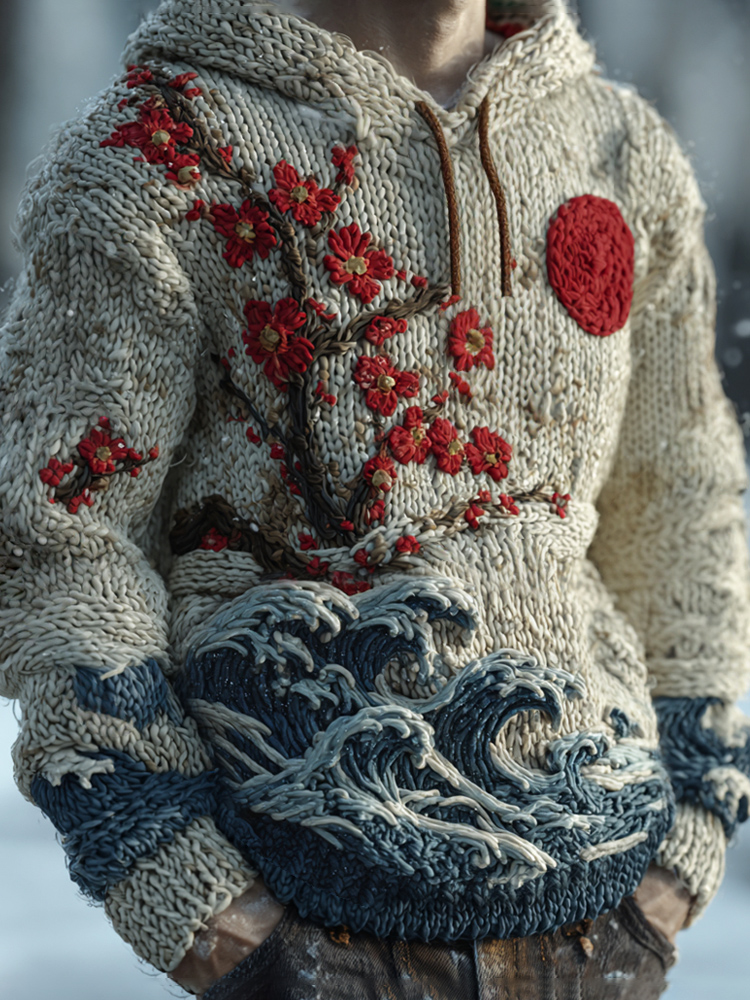 Vintage Japanese Plum & Red Sun Men's Knit Hooded Sweater