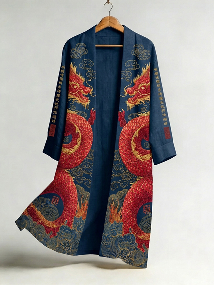 Men's Japanese Dragon Art Print Linen Long Kimono
