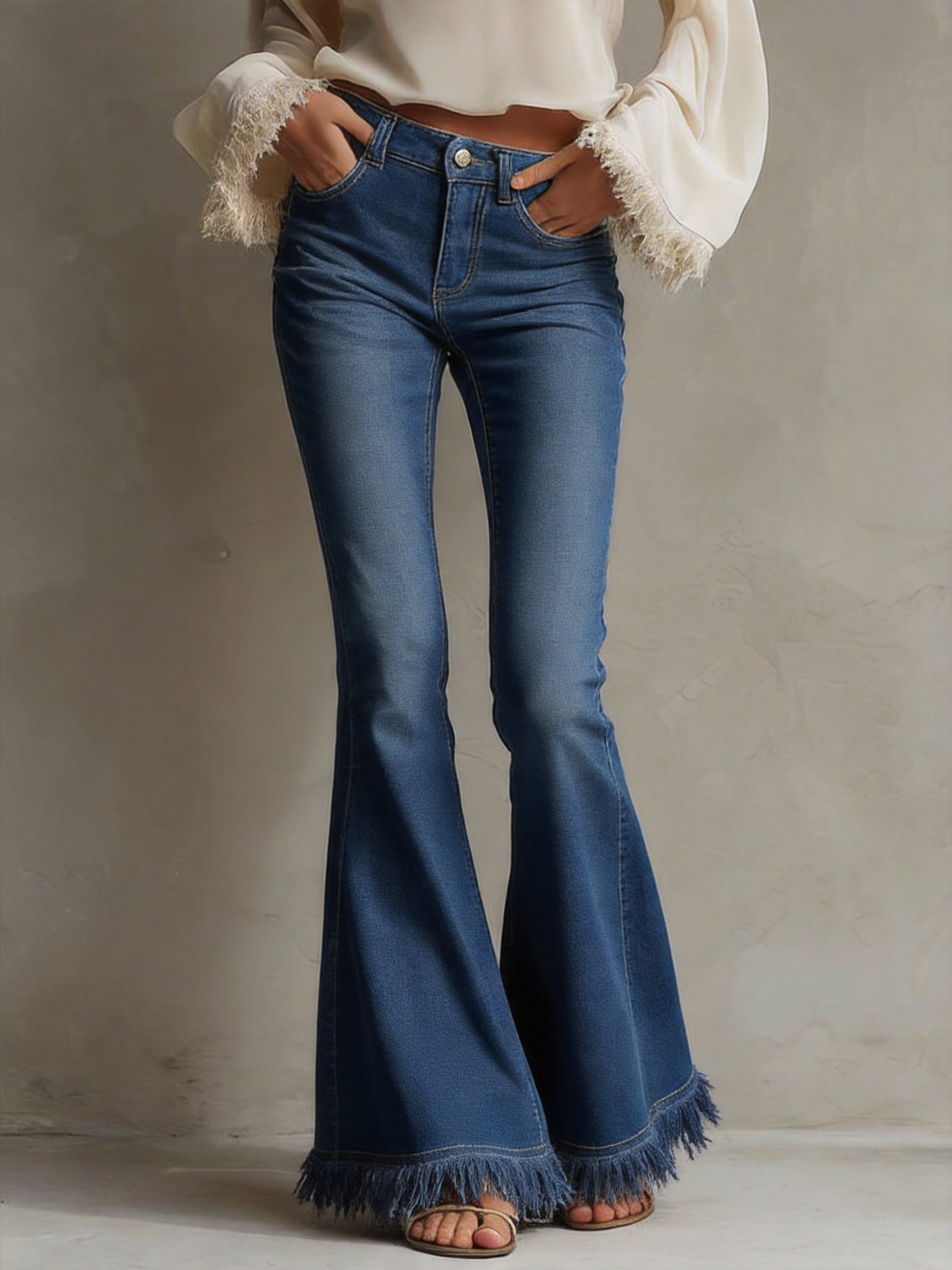 White Frayed-hem Flared Jeans