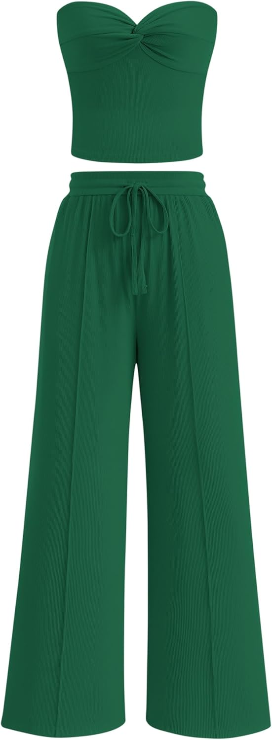 Two Piece Sets For Women Summer Ribbed Strapless Twist Knot Tube Top Pants Set Casual 2026 Beach Vacation Outfits