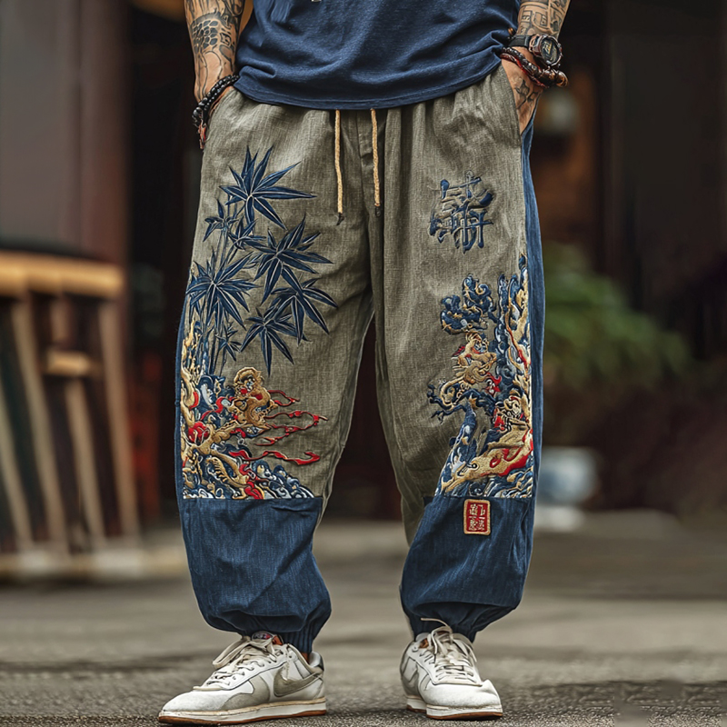 Men's Japanese Bamboo Art Flowy Wide Leg Comfy Linen Pants